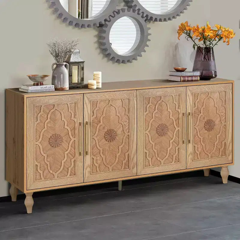 Buffet-bahut en bois avec portes sculptées et poignées métalliques 80 lb