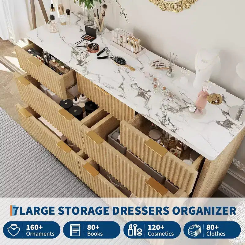 Commode cannelée en MDF à 7 tiroirs 137 cm L 60,3 kg