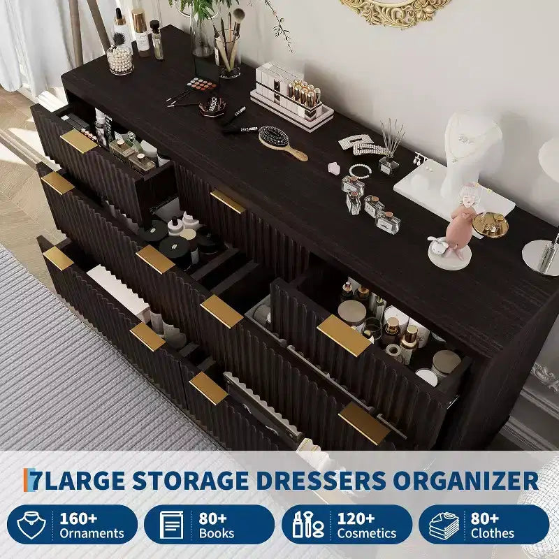 Commode cannelée en MDF à 7 tiroirs 137 cm L 60,3 kg