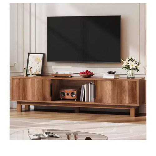 Fluted TV Stands for TVs up to 65 Inches, Entertainment Center with Power Outlets & Storage , Wooden TV Console for Living Room, Walnut