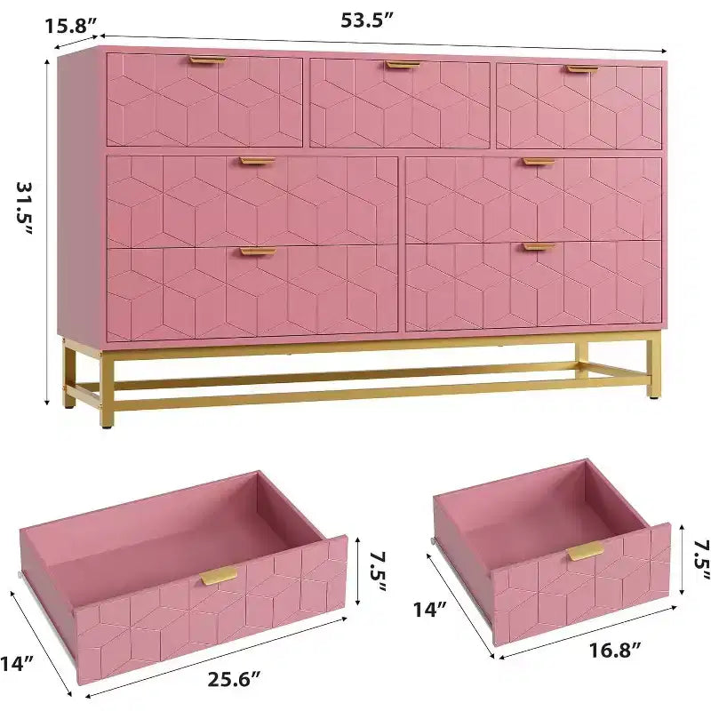 Commode cannelée en composite de bois avec poignées dorées et pieds en métal 53,5"L