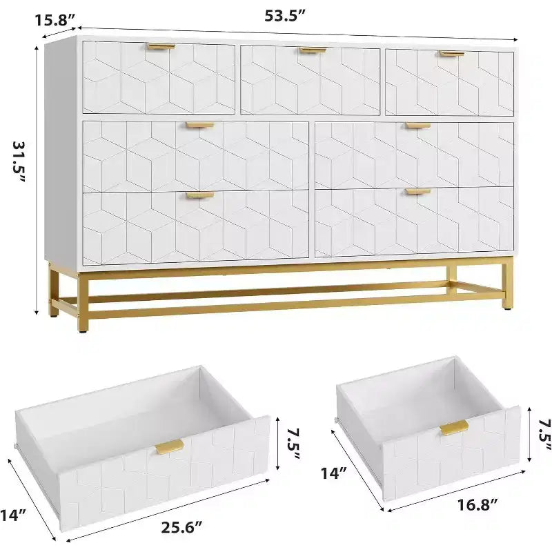 Commode cannelée en composite de bois avec poignées dorées et pieds en métal 53,5"L