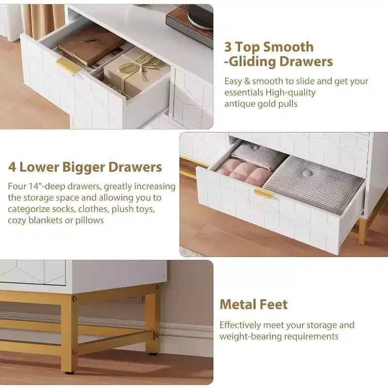 Commode cannelée en composite de bois avec poignées dorées et pieds en métal 53,5"L