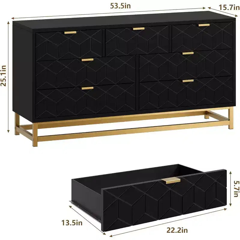 Commode cannelée en composite de bois avec poignées dorées et pieds en métal 53,5"L