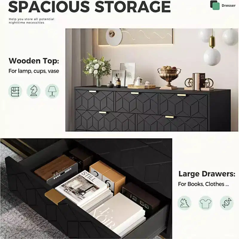 Commode cannelée en composite de bois avec poignées dorées et pieds en métal 53,5"L