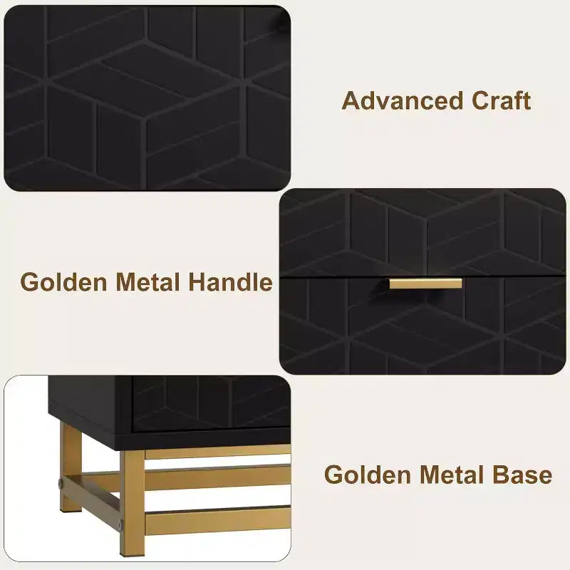 Commode cannelée en composite de bois avec poignées dorées et pieds en métal 53,5"L