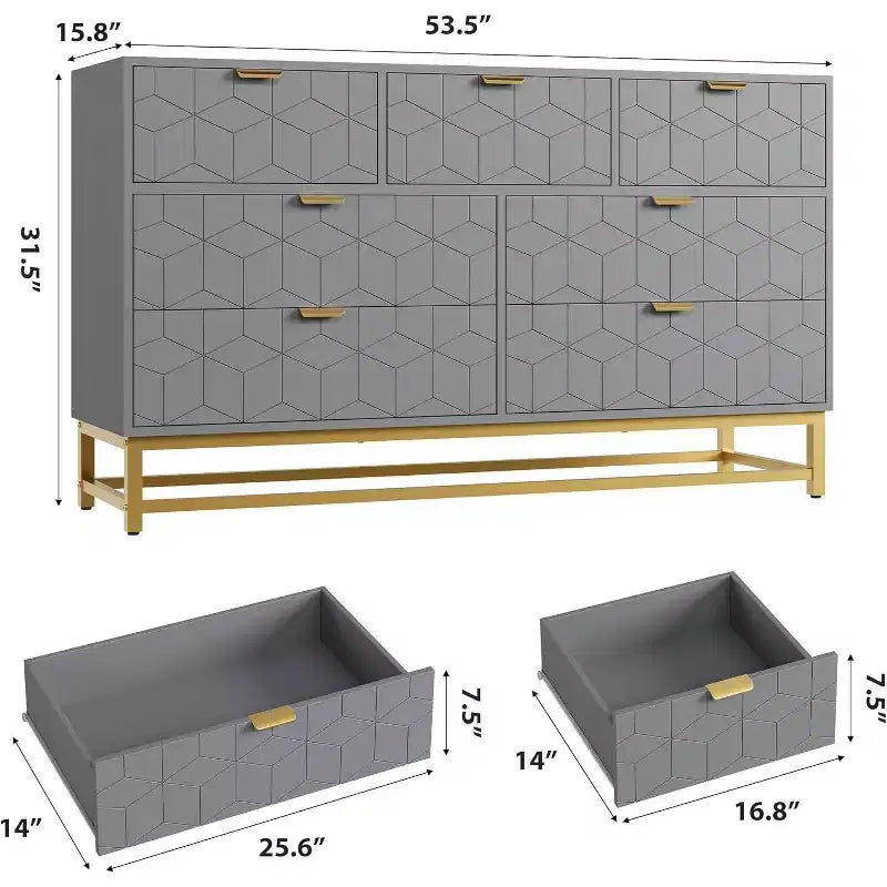 Commode cannelée en composite de bois avec poignées dorées et pieds en métal 53,5"L