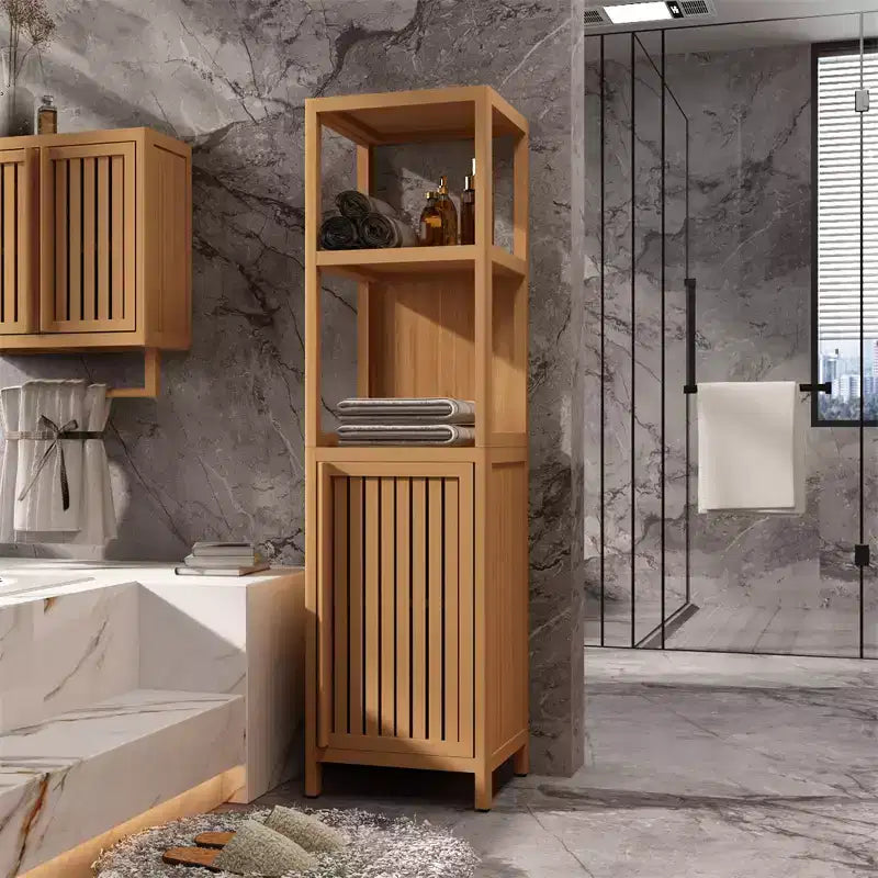 Meuble de rangement haut et étroit en bambou avec porte à persiennes et 3 étagères 15 kg