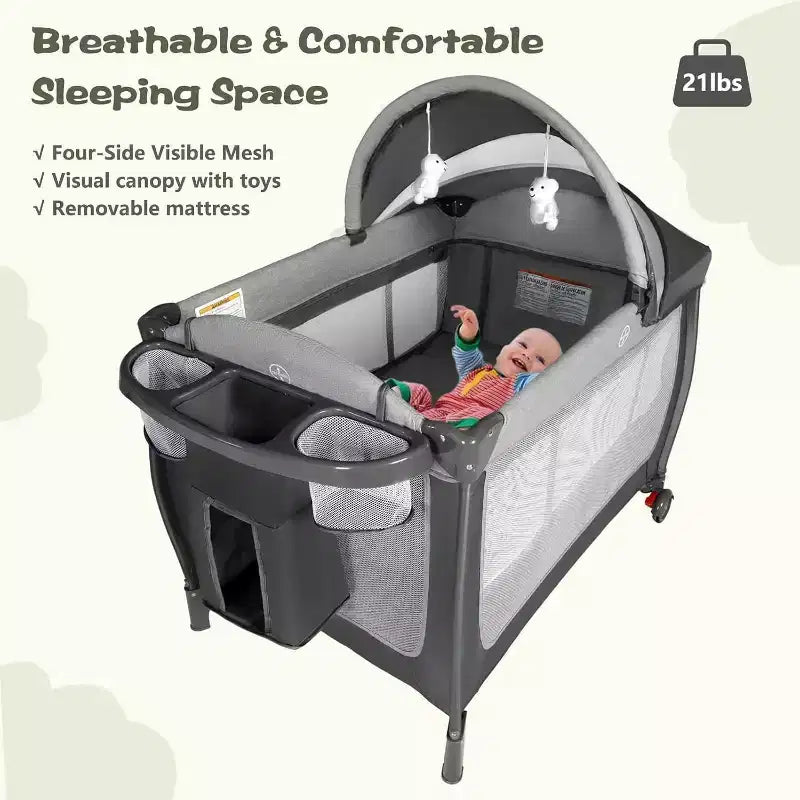 Berceau portable 4-en-1 en fer pour bébé avec table à langer et rangement 9,75 kg