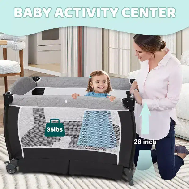 Berceau portable 4-en-1 en fer pour bébé avec table à langer et rangement 9,75 kg