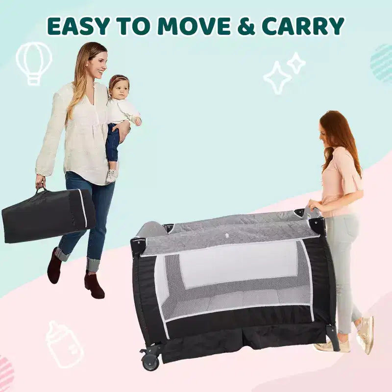 Berceau portable 4-en-1 en fer pour bébé avec table à langer et rangement 9,75 kg