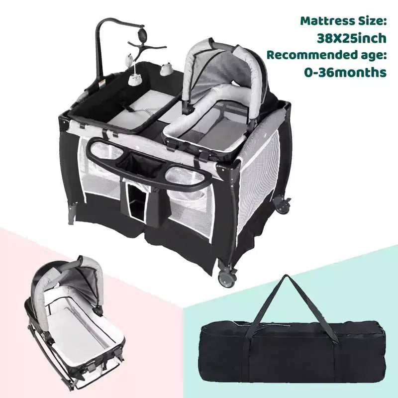 Berceau portable 4-en-1 en fer pour bébé avec table à langer et rangement 9,75 kg