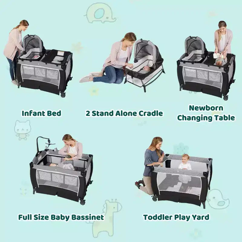 Berceau portable 4-en-1 en fer pour bébé avec table à langer et rangement 9,75 kg