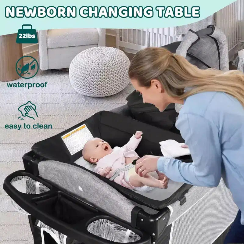 Berceau portable 4-en-1 en fer pour bébé avec table à langer et rangement 9,75 kg