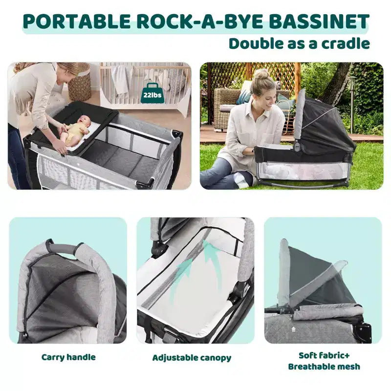 Berceau portable 4-en-1 en fer pour bébé avec table à langer et rangement 9,75 kg