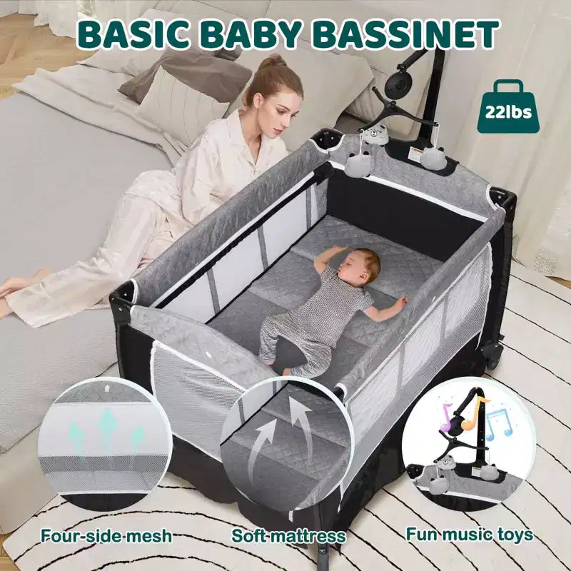 Berceau portable 4-en-1 en fer pour bébé avec table à langer et rangement 9,75 kg