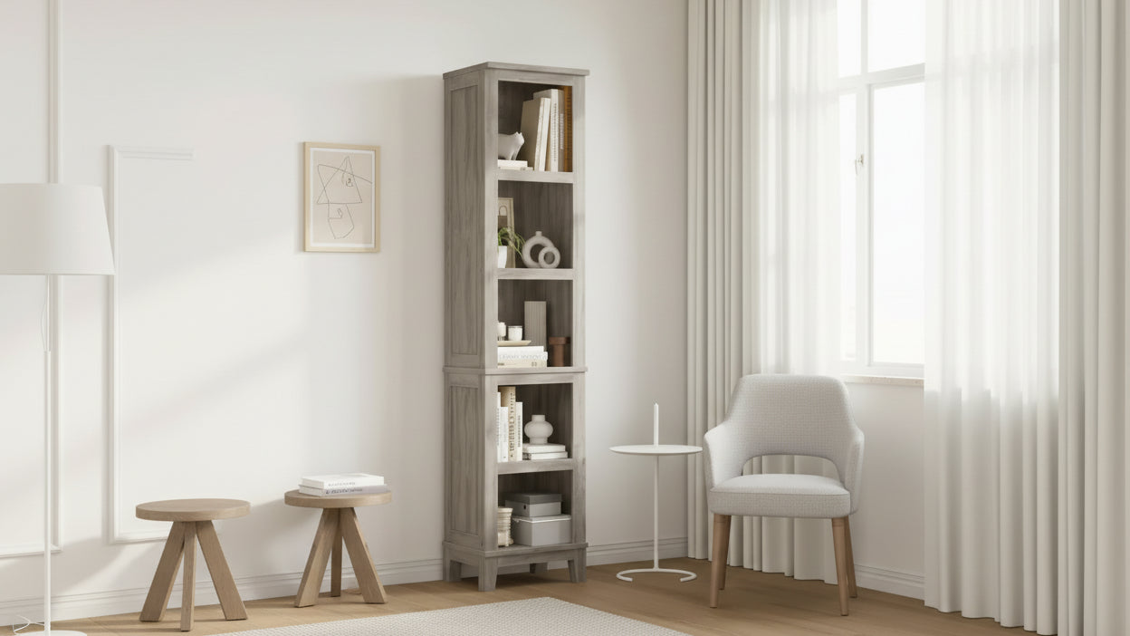 Narrow 5-layer Corner Bookshelf, Living Room Country-style Bookshelf with Wooden Legs, Grey, Suitable for Living Room and Bedroom, Space-saving